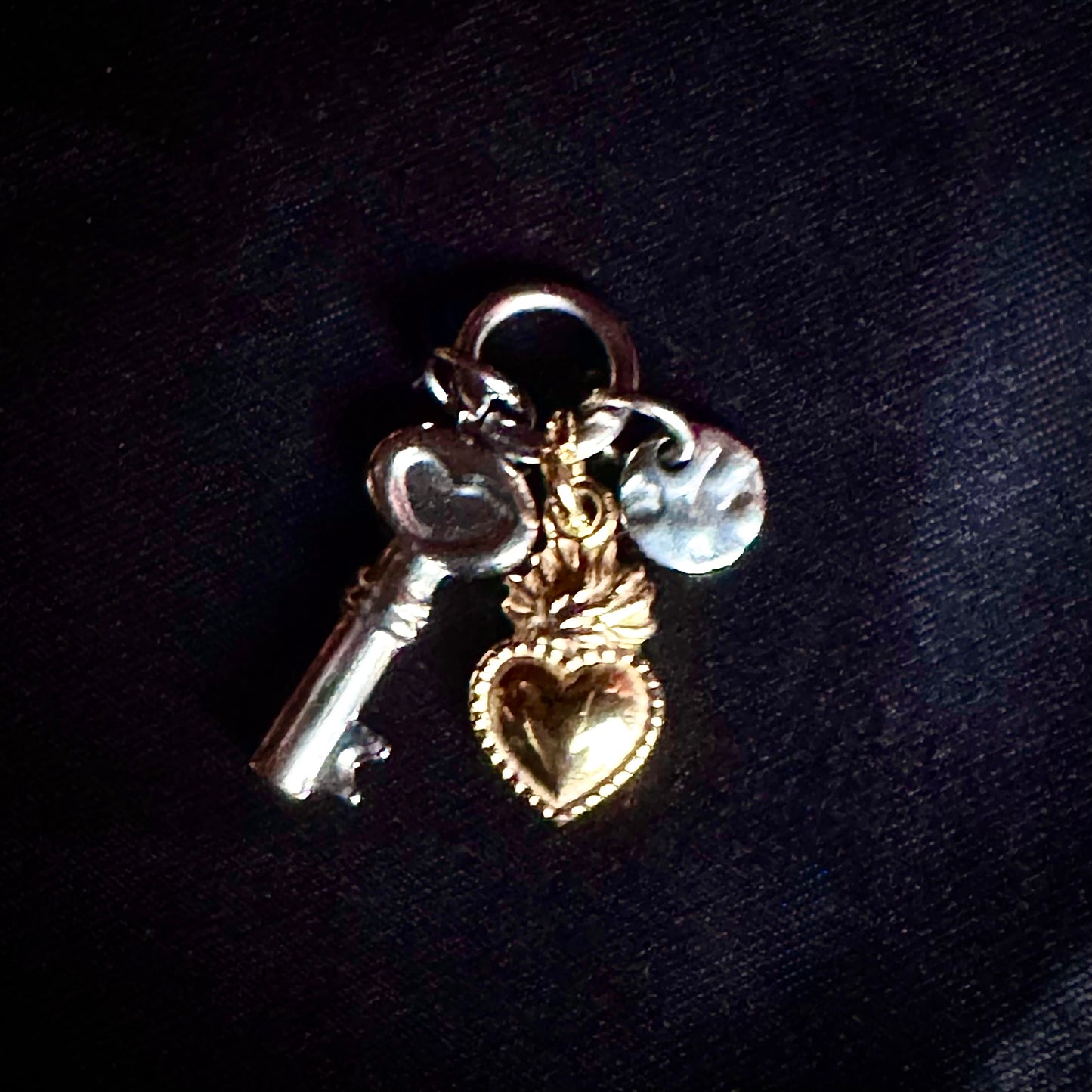 FLAMING HEART, KEY, TING COIN TRIAD in MIXED METALS